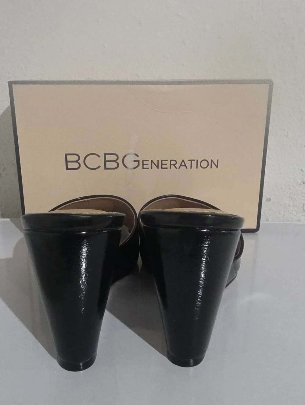 BCBGeneration Giani Black Patent Wedge Mules Sz. 8.5